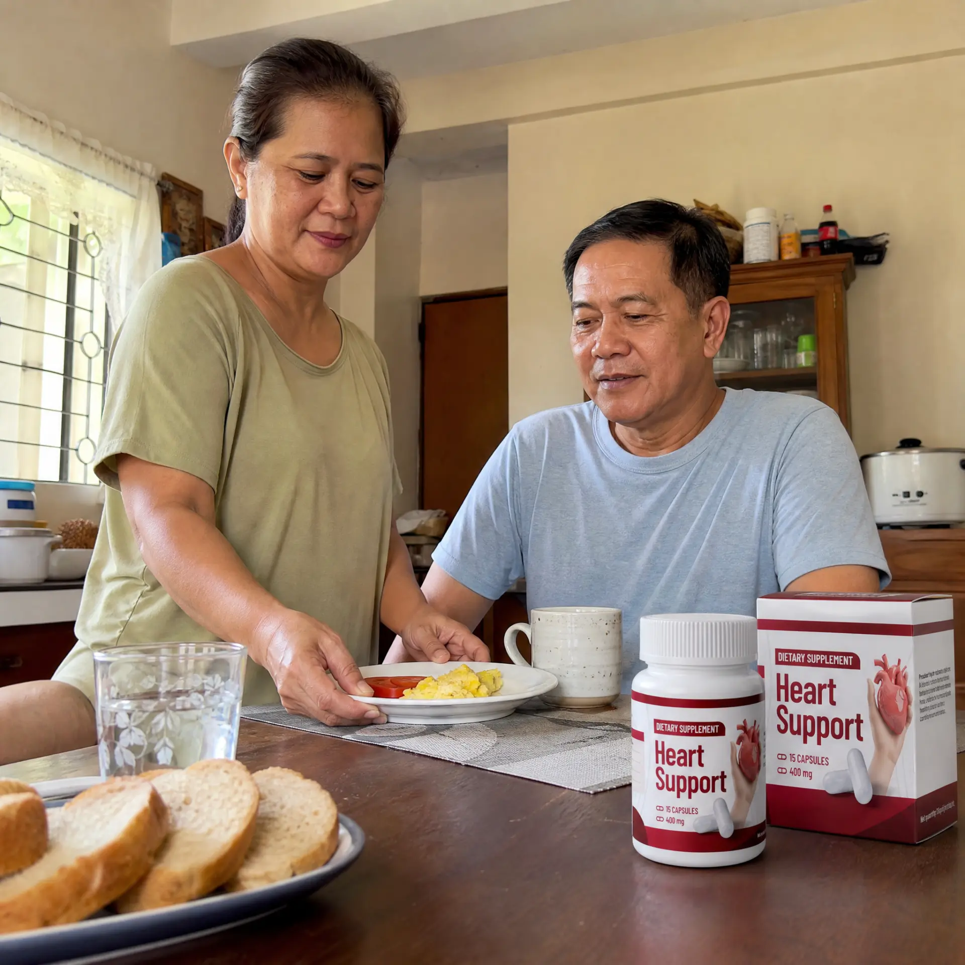 Filipino couple over 45 having breakfast with Heart Support on the table