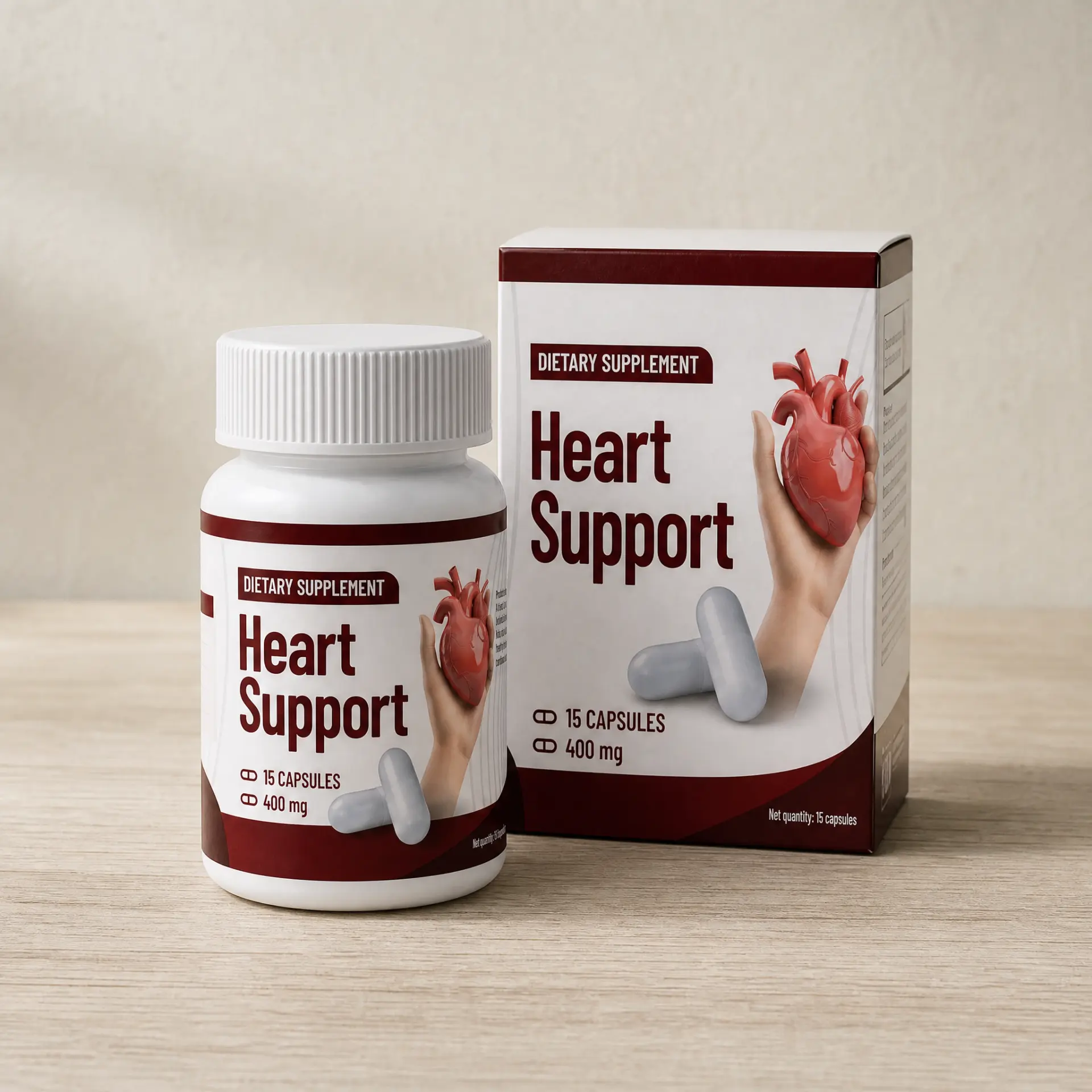 Front view of the Heart Support bottle and product box