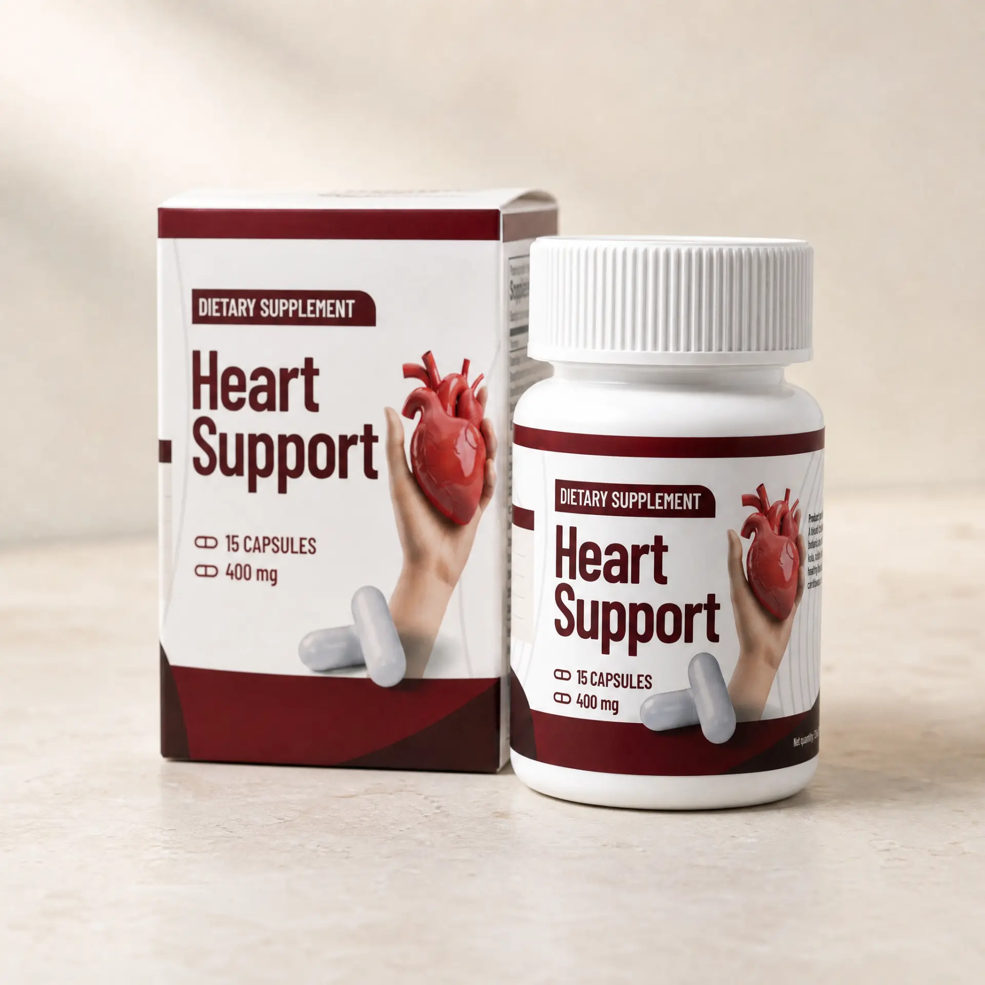 Heart Support bottle and packaging on a household counter